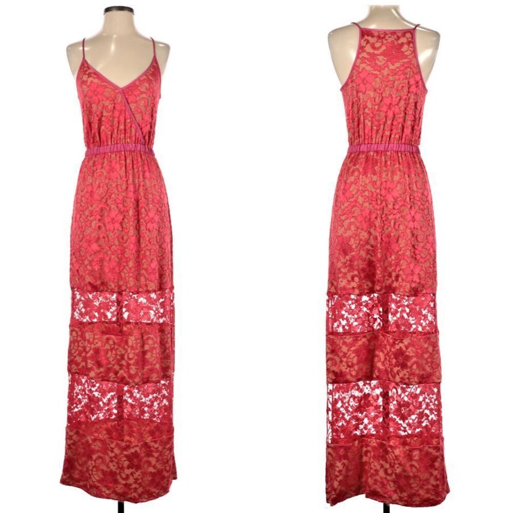 Vintage y2k ABS Allen Schwartz Maxi Dress Floral Lace Slit Pink Wrap Size Small